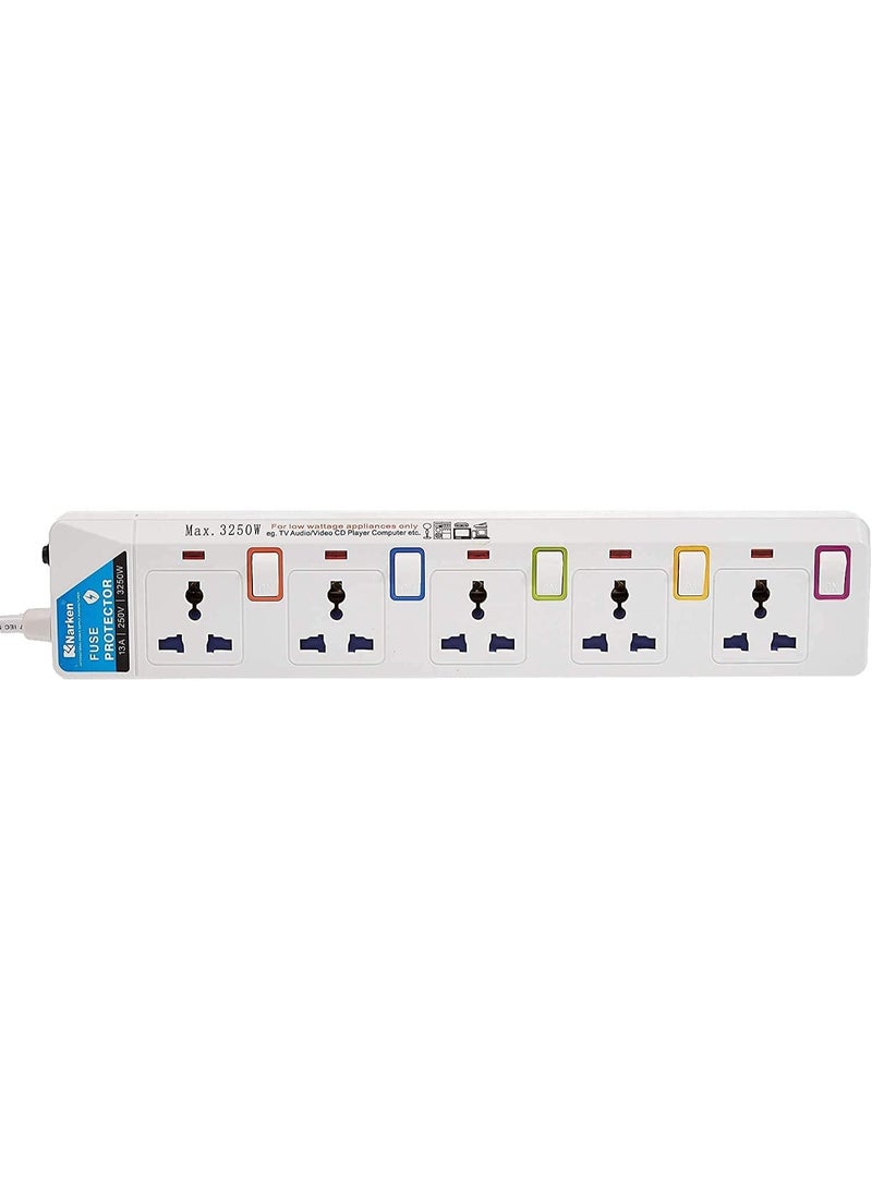 Narken E Series Extension Cord 5 Ways 3 Meter Electric Universal Power Strip wire 13A Fuse surge With Separate Single Switch and Indicate light Max 13A 3250W AC 250V White. - Image 3